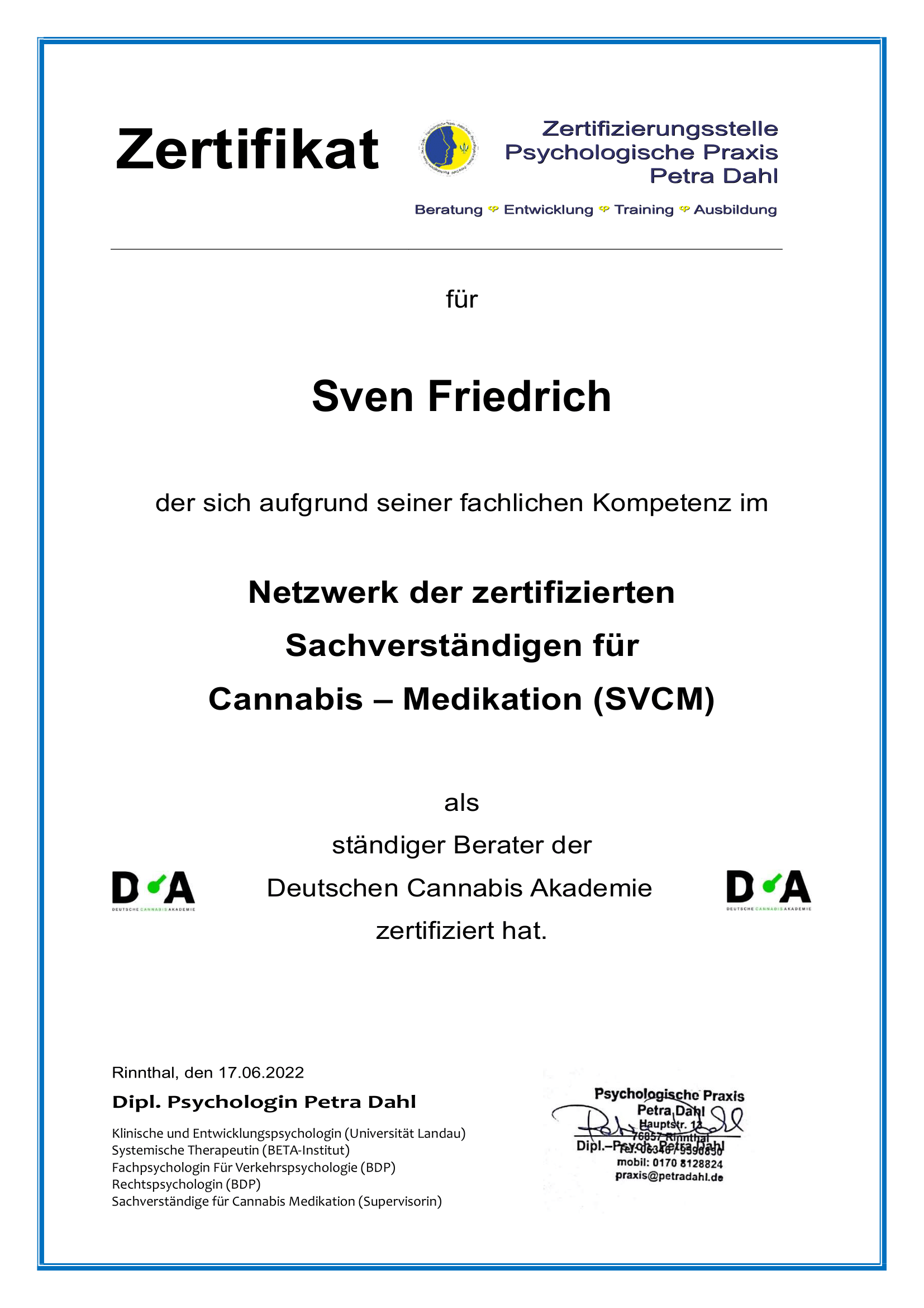 Certificate lecturer from the German Cannabis Academy