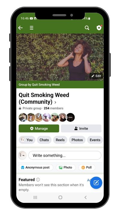 mockup of a smartphone, showing the community page on facebook of quit-smoking-weed.com