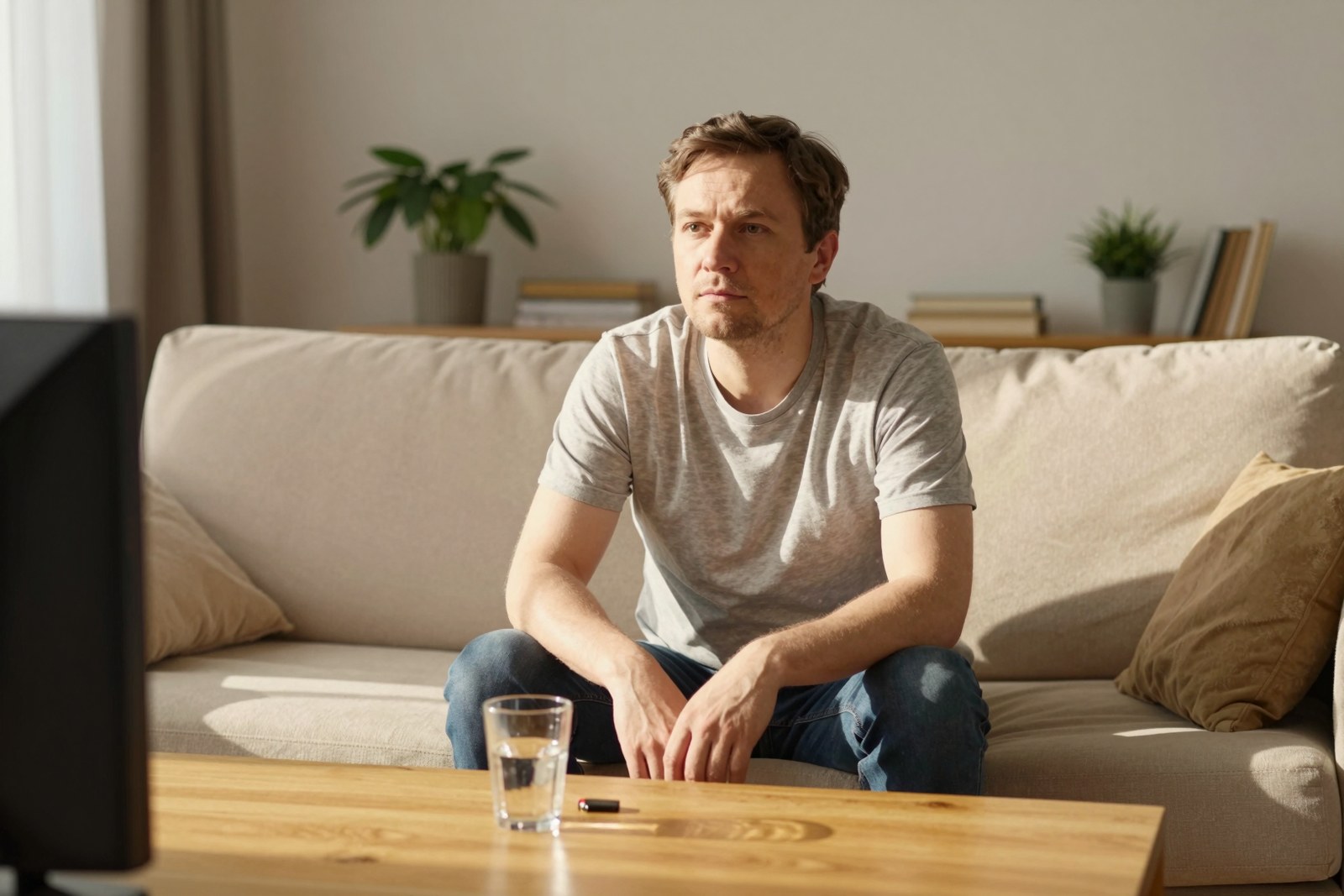 Man sitting alone on a sofa in the evening with the television on