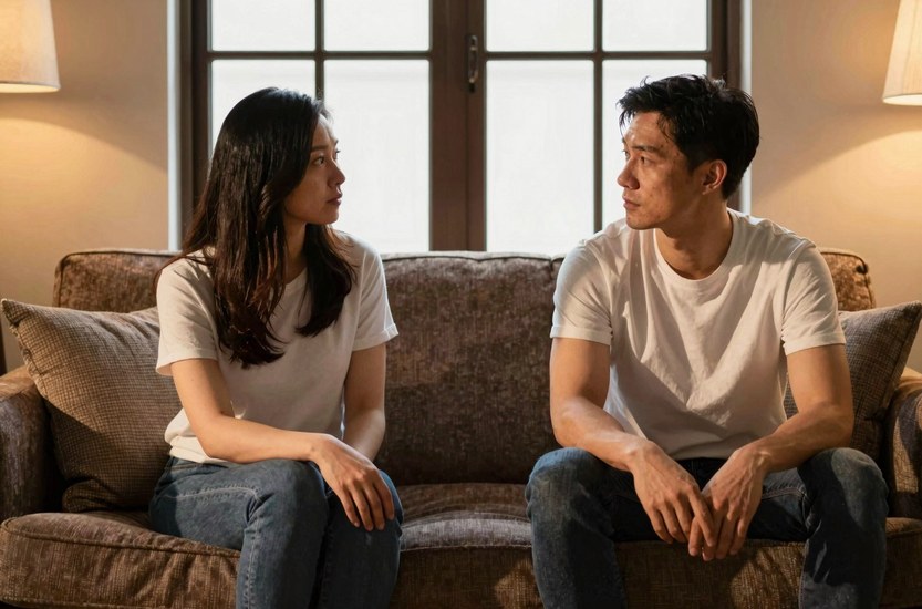 Couple sitting apart on the sofa in the evening