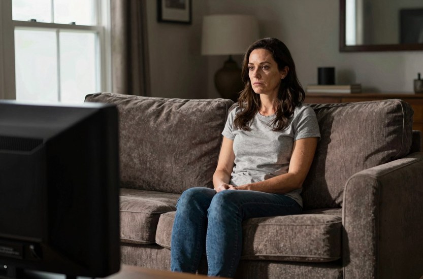 Woman sitting alone on the sofa in the evening