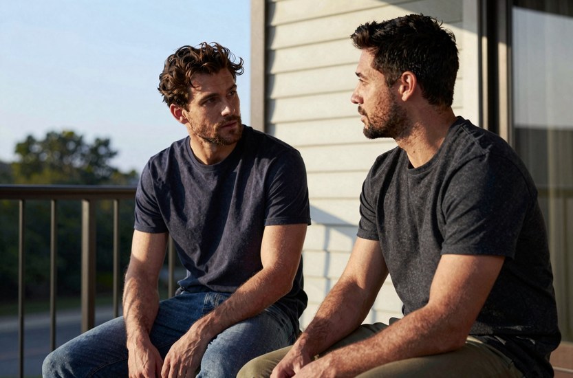 Two friends having a serious conversation on a balcony
