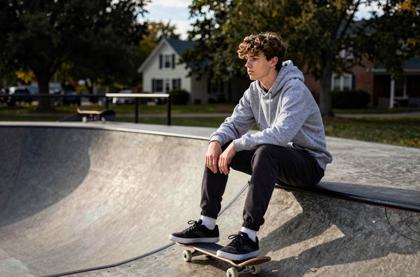 Teenager sitting alone at dusk, thinking
