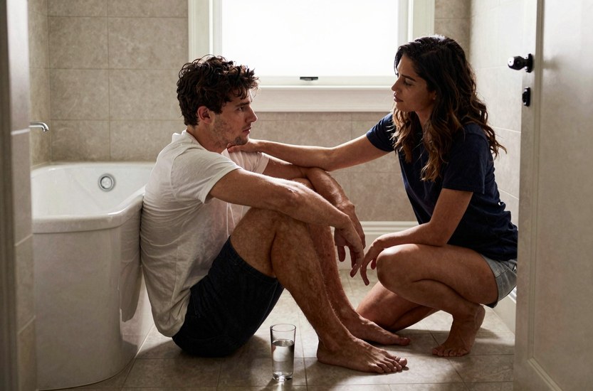 Young man sitting on a bathroom floor at night with his back against the tub, glass of water beside him, his girlfriend crouched next to him with a hand on his shoulder, greening out on weed