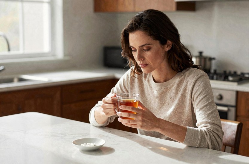 Woman in her mid-thirties at a kitchen table with a mug of tea, looking at a small dish with a few pills while weighing whether there is medication for weed addiction
