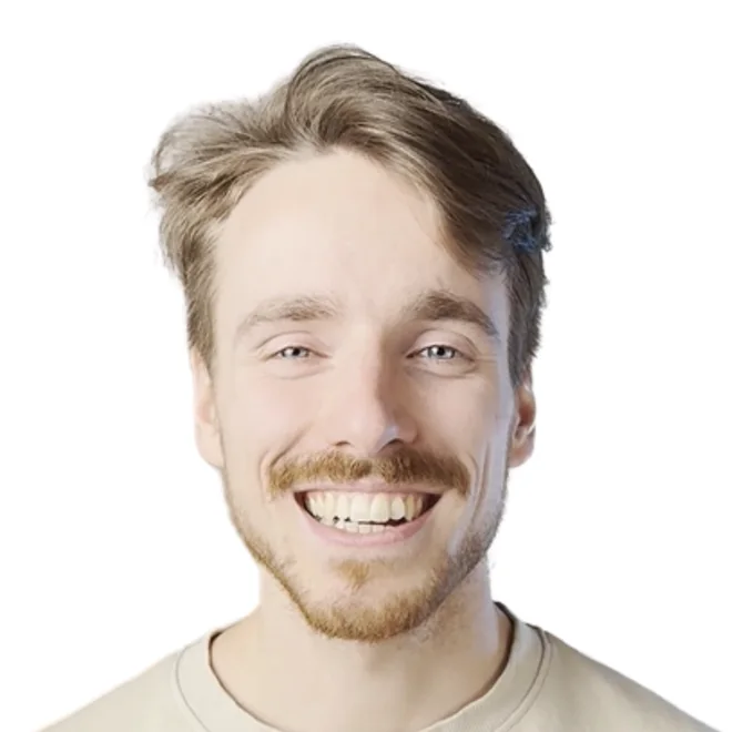 Smiling young man with a moustache in a light sweater