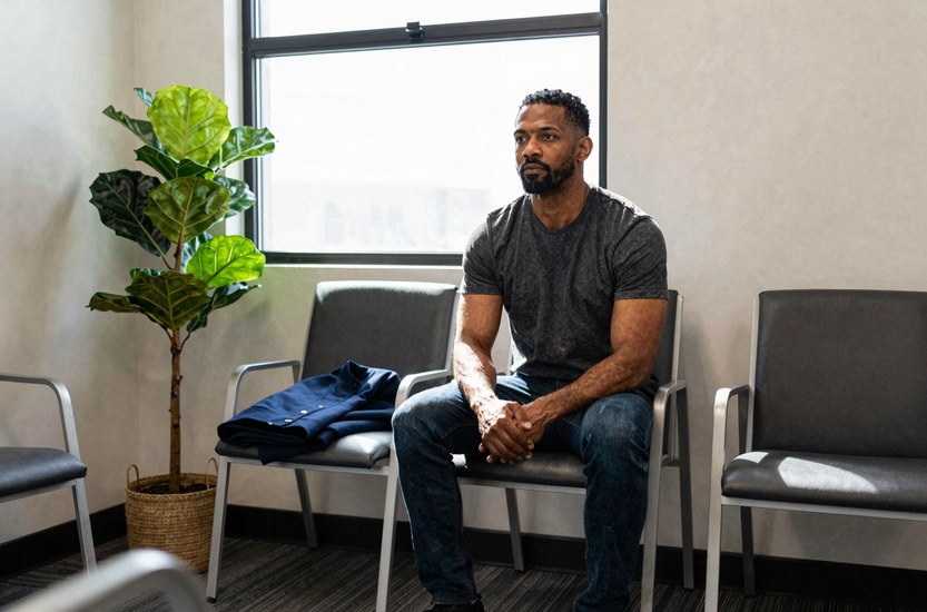Man in his late thirties waiting alone in a counseling office with his jacket on his lap, weighing whether he needs rehab for weed addiction