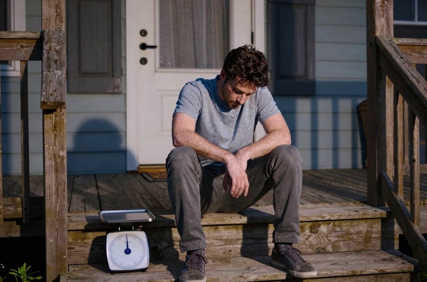 Man in his thirties sitting on the back steps of a suburban house at dusk, looking down at his hands, a small digital kitchen scale beside him