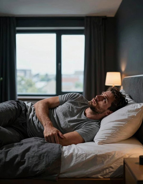 Man lying awake in bed at night