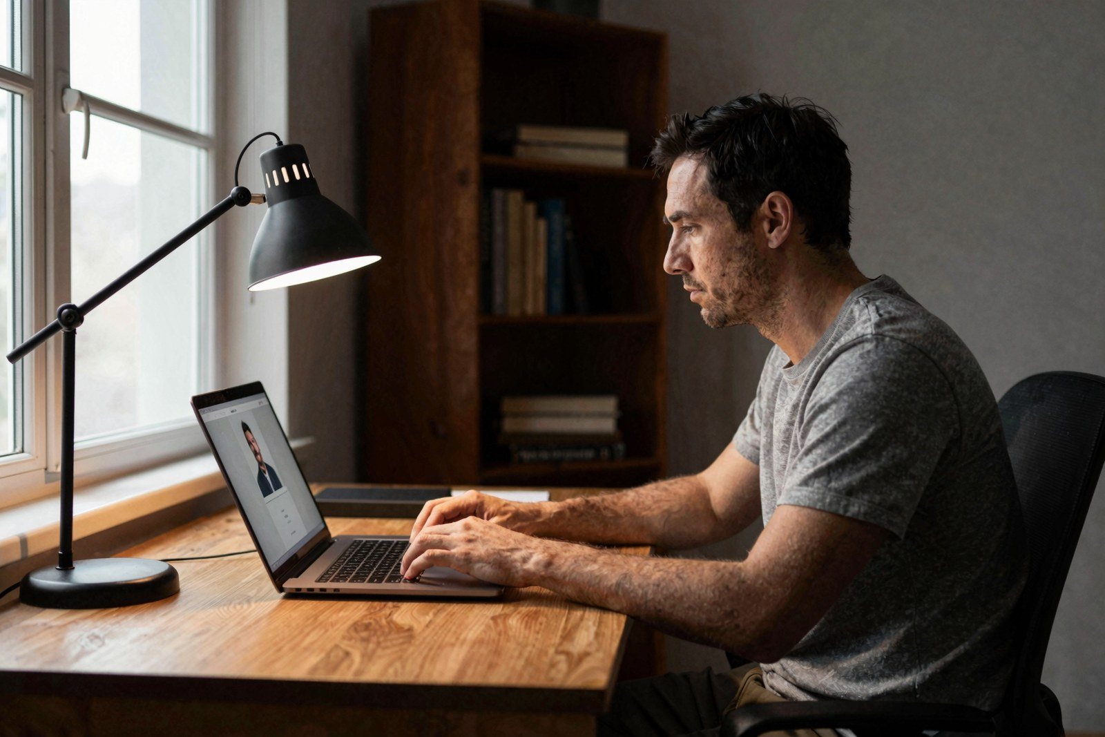 Man recording a video on his laptop at night